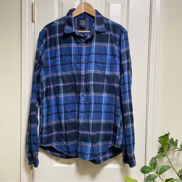 J. Crew Blue Plaid Flannel button down L - Picture 1 of 6